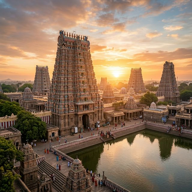 South Indian temple complex at sunrise